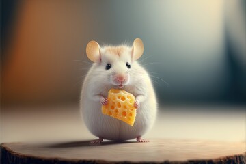 a mouse holding a piece of cheese on top of a wooden table next to a piece of cheese on top of a piece of wood.  generative ai