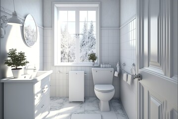 Fototapeta na wymiar Sunny scandinavian interior restroom with a window and with toilet and washbasin