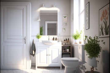 Fototapeta na wymiar Scandinavian interior restroom with a window and white toilet and washbasin