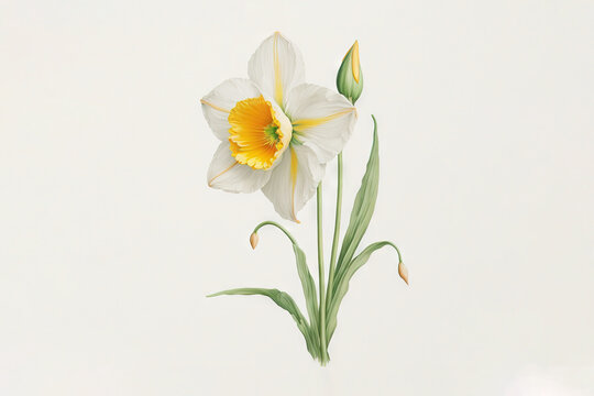  a painting of a white and yellow flower on a white background with green stems and yellow center flower in the center of the picture is a yellow center of the flower.  generative ai