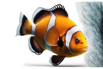  an orange and white clown fish next to a gray wall and a white background with a black stripe on the bottom of the fish's head.  generative ai