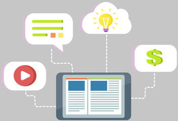 Modern technology, social media, communication in global computer networks. Mind map concept. Video player, sms message light bulb and reproduction of information, smartphone with infographics