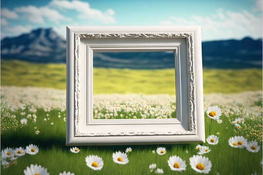  a white picture frame sitting in a field of daisies with a mountain in the background with a blue sky in the foreground and a field of daisies in the foreground.  generative ai