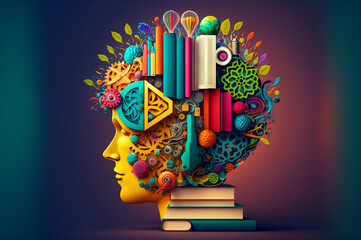 a colorful collage with a human, head, books, cogs, a brain, lightbulb, learning, education
