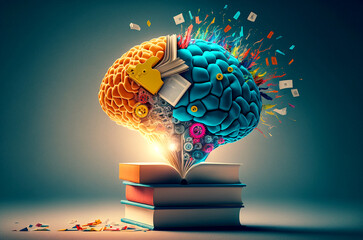 a colorful collage with books, a brain, lightbulb, learning, education