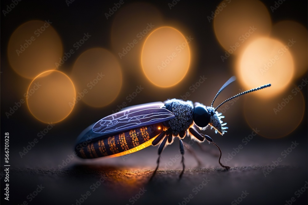 Poster a close up of a bug on a surface with lights in the background and a blurry image of a bug in the fo