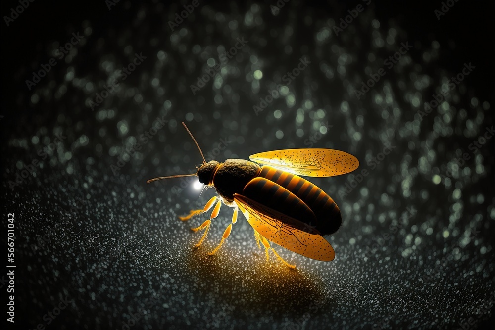 Poster a close up of a yellow insect on a black surface with a blurry background and a light shining on the