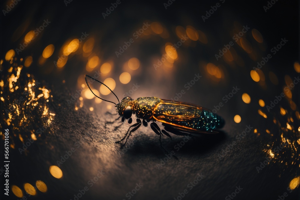Poster a bug sitting on top of a table covered in gold glitters on a black surface with a blurry background