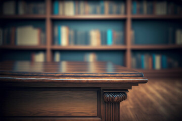 Wooden table in front of library background created with generative Ai technology