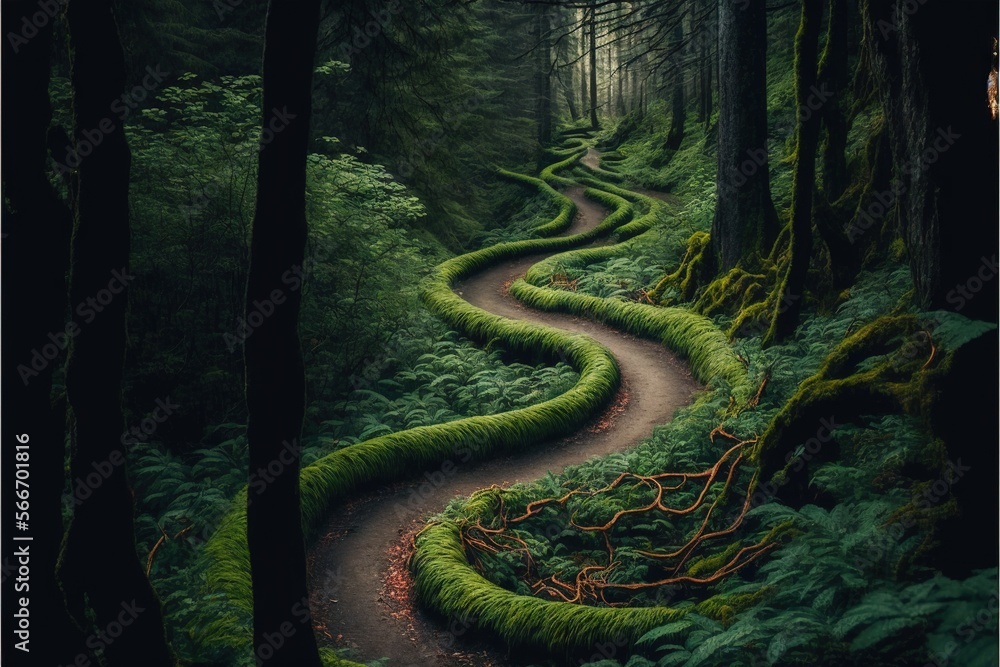Poster a path in the middle of a forest with moss growing on the sides of the path and trees on both sides 