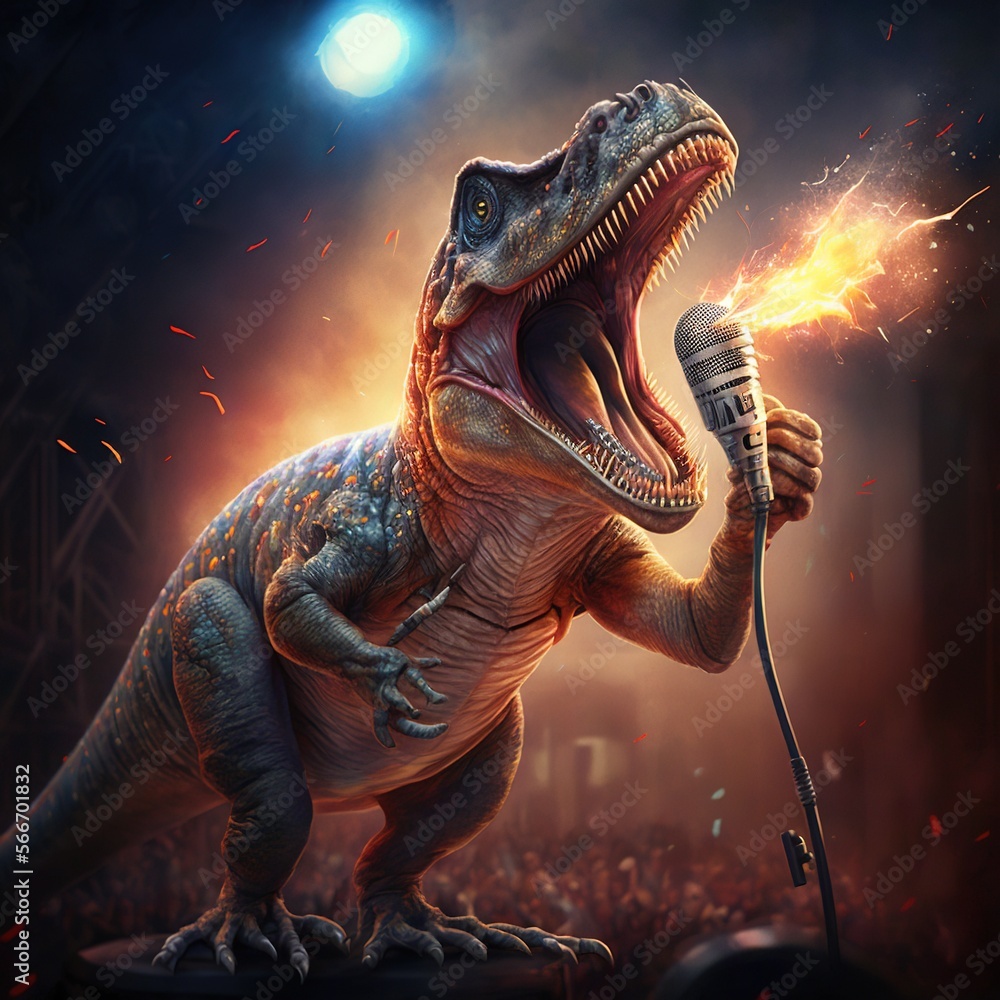 Poster a dinosaur holding a microphone in its mouth with its mouth open and its mouth wide open, while a cr