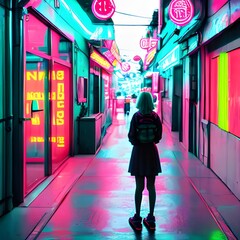 Una chica de espaldas, mirando a una calle de tonos neón en una calle asiática - obrazy, fototapety, plakaty