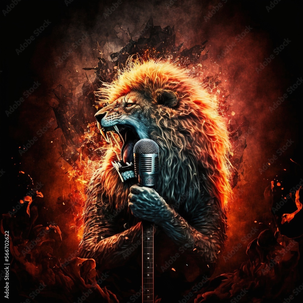 Poster a bear holding a microphone in its paws with a flamey background behind it and a microphone in its p