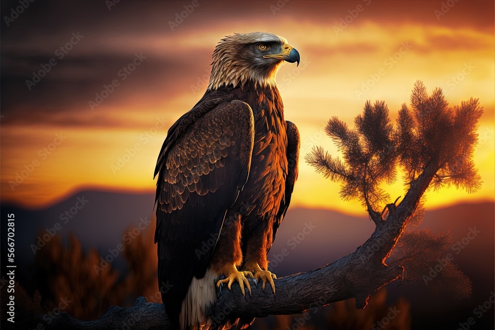 Aufkleber a large eagle sitting on a tree branch at sunset with a mountain in the background and a tree branch