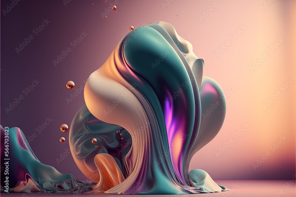 Poster an abstract painting of liquid flowing down a purple and pink background with bubbles and drops of w