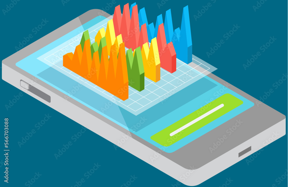 Poster financial accounting and work with statistics on phone. business process diagram document with repor