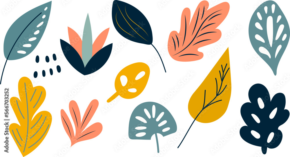 Wall mural set of leaves, doodle, in flat style, vector