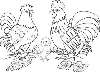 rooster, hen, chick on grass for childrens coloring book, vector