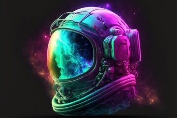  a spaceman's helmet is shown in a psychedelicly colored space scene with stars and clouds in the background and a black background.  generative ai - obrazy, fototapety, plakaty
