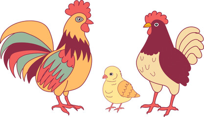 rooster, hen and chick on white background