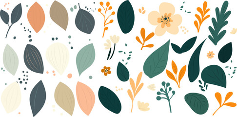 set of leaves and flowers in flat style, gentle colors