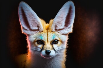  a small fox with blue eyes and a long tail is looking at the camera with a surprised look on its face, with a black background.  generative ai