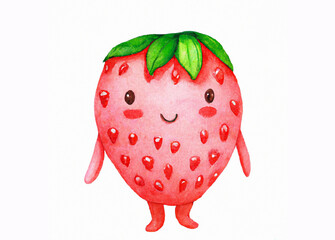 Digital painting of cute strawberry character on white background. Made with generative AI.