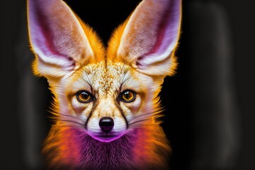  a close up of a fox's face with orange and purple colors on it's fur and a black background with a black background.  generative ai