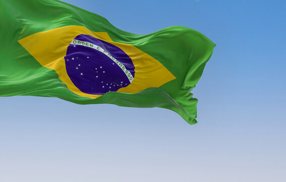 Brazil national flag waving in the wind on a clear day