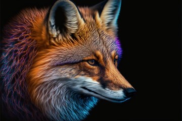  a close up of a fox's face with a black background and a blue and red background with a black background and a red fox's head.  generative ai