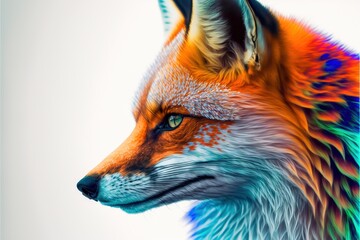  a close up of a colorful fox's face with a white background and a blue sky in the background with a few clouds in the foreground.  generative ai