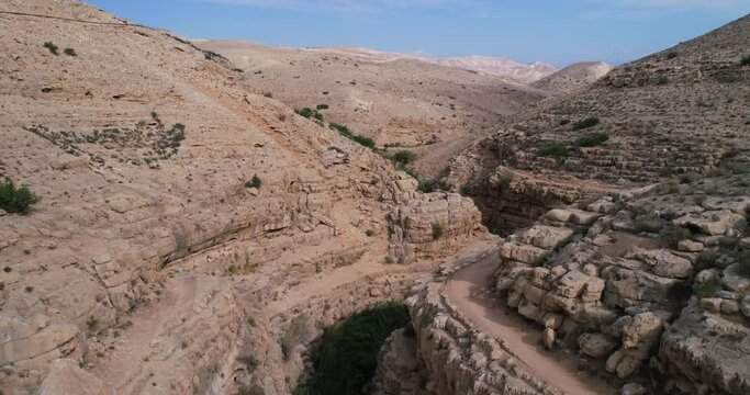 Prat River in Israel. Wadi Qelt valley in the West Bank, originating near Jerusalem and running into the Jordan River near Jericho and the Dead Sea. Nahal Prat, in Judaean Desert
