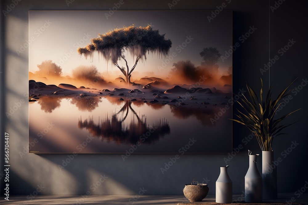 Poster a painting of a tree in the middle of a body of water with a sunset in the background and three vase