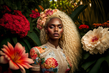 Fototapeta na wymiar a flirty afirican female with long curly platinum-blonde hair and perfect face dressed in a whimsical and bold tropical forest flowers.,generative ai.