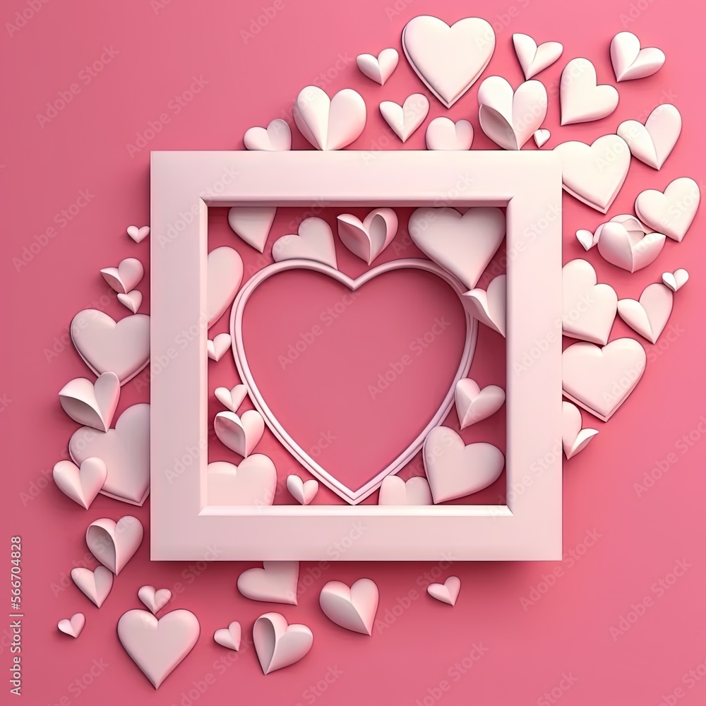 Poster a white frame surrounded by hearts on a pink background with a white border in the middle of the fra