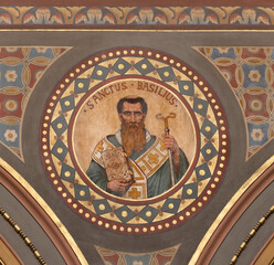 BERN, SWITZERLAND - JUNY 27, 2022: The fresco of St. Basil the Great in the church...