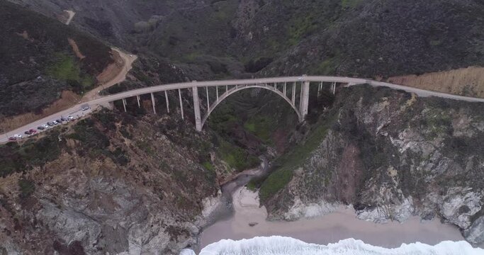 Bixby Creek Bridge also known as Bixby Canyon Bridge, on the Big Sur coast of California, is one of the most photographed bridges in California. Drone. USA 1