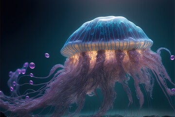  a jellyfish is swimming in the water with bubbles around it's neck and head, with a blue background and a black background.  generative ai