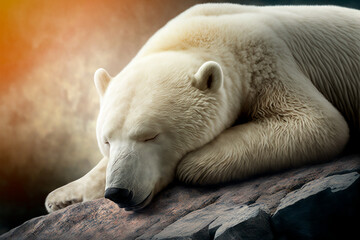 Obraz na płótnie Canvas The white polar bear sleeps on a stone. Polar Bear Day. Generative AI