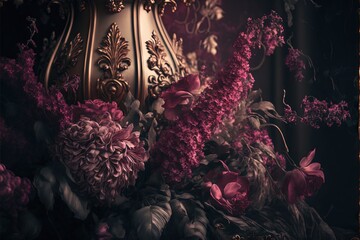  a vase filled with lots of flowers on top of a wooden table next to a wall with a gold frame on top of it and a black background.  generative ai