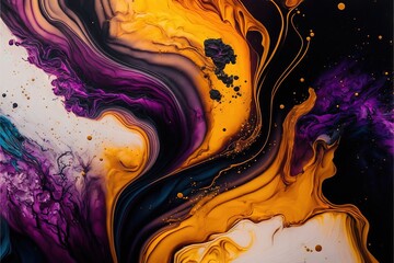  an abstract painting with yellow, purple, and blue colors on a white background with black and gold dots on the bottom half of the image.  generative ai