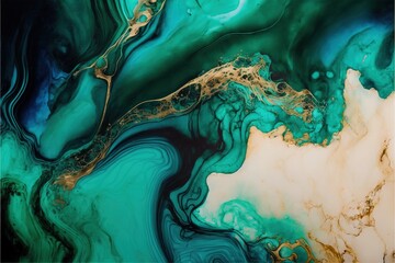  an abstract painting with gold and green colors on a white background with a black border and a gold and green swirl on the bottom of the image.  generative ai
