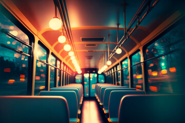 Interior of an empty public tram in the evening. Generative AI