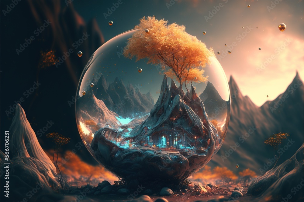 Poster a painting of a tree in a glass ball with a mountain in the background and a sky filled with clouds 