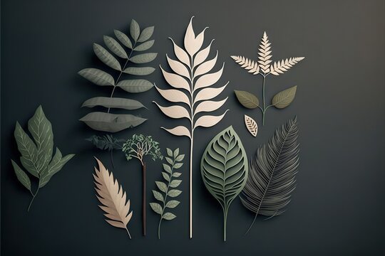  a group of different types of leaves on a black background with a gray background and a green and white background with a black background and white border.  generative ai