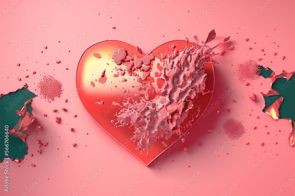 Poster a heart shaped object with a lot of paint splattered on it's side and a broken heart on the other si
