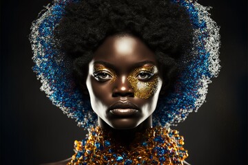 Wunderschöne Afroamerikanische Frau aus Afrika mit tollem Make-Up und Styling Nahaufnahme, ai generativ