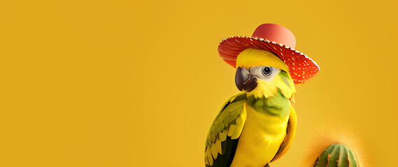 parrot in sombrero, panoramic layout. Generative Ai