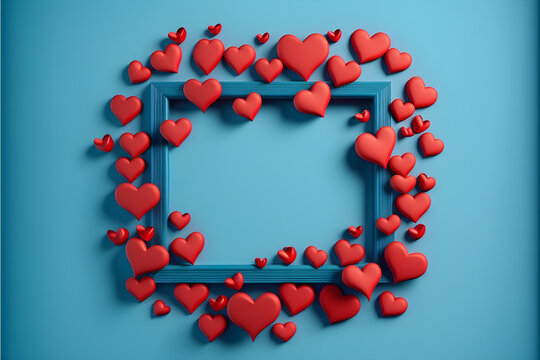 Valentine day heart photo frame with heart border over blue background. Flat rectangle design. Generative AI