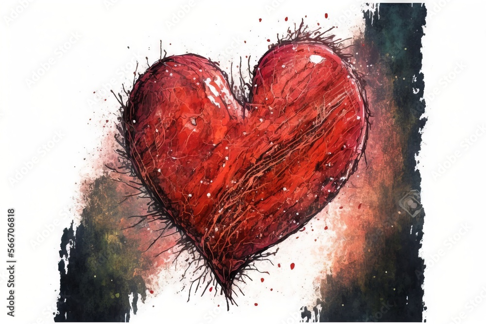 Poster a painting of a red heart on a white background with a black border around the edges of the image an